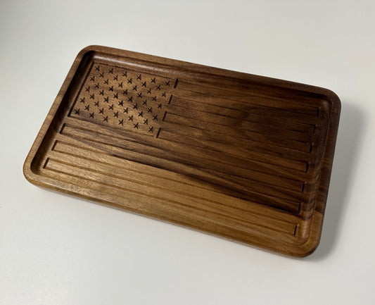 Handmade woodwork American Flag Catch All Tray made with Walnut.