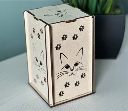 Cat lover gift - Handmade wooden cat lantern with kitten face and kitten paws cut out in the wood.