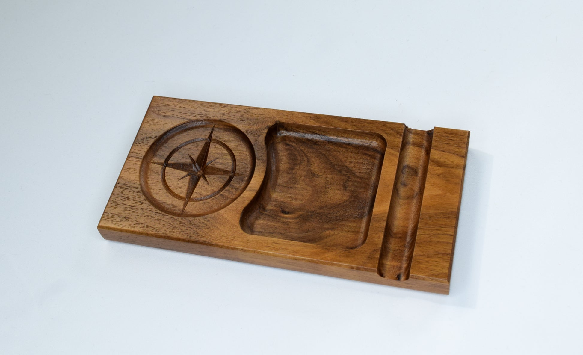 Handmade wooden tray used to hold a bourbon glass, a snack, and a cigar. Handmade locally in Georgia.