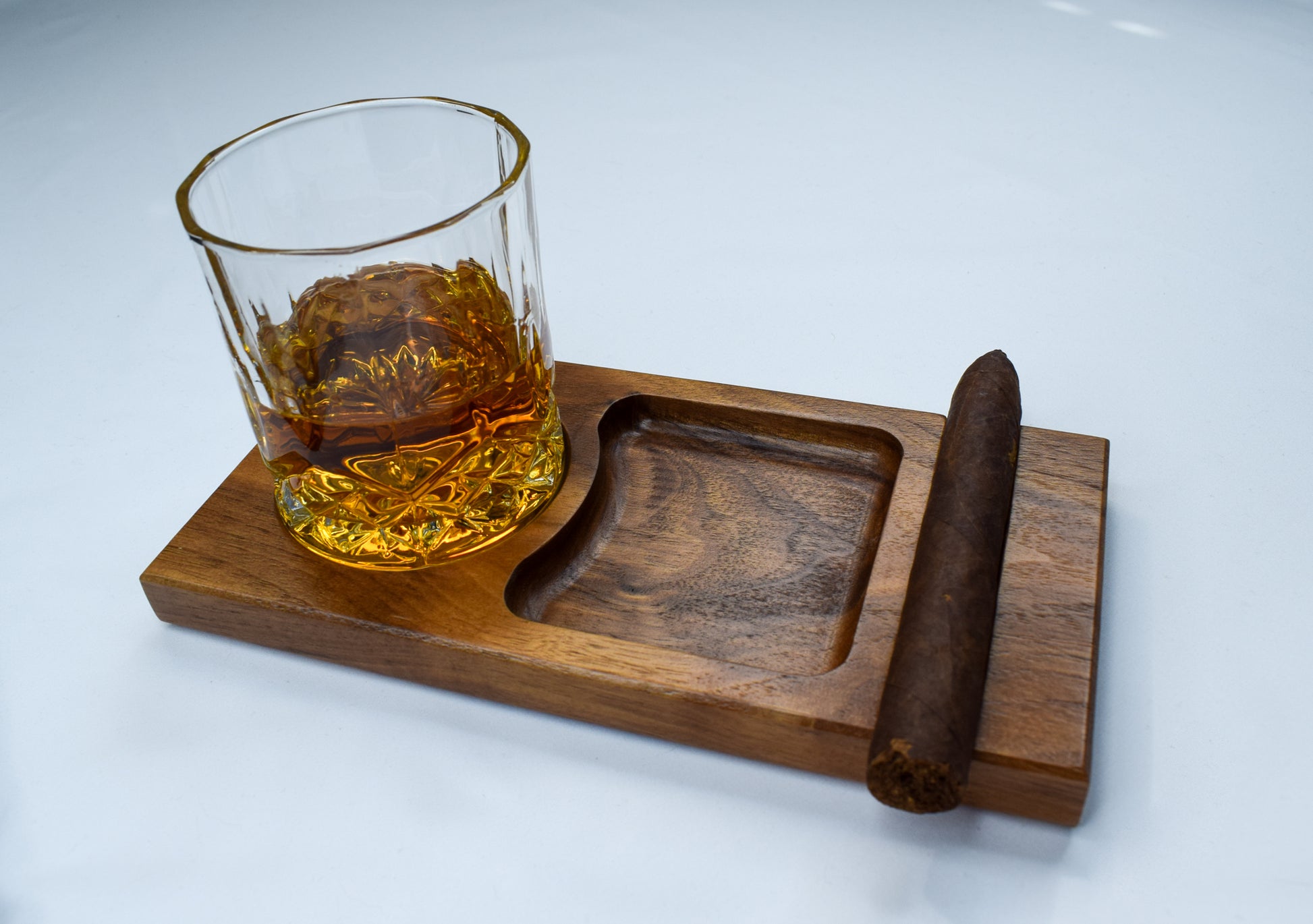 Cigar and bourbon glass tray - handmade out of walnut wood.