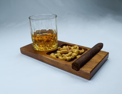 A gift for bourbon or cigar enthusiasts - A tray with a dedicated spot for a rocks glass, cigar, and snack.