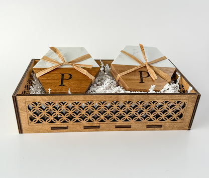 Custom wood gift for home - Personalized coasters nestled in a filigree basket.