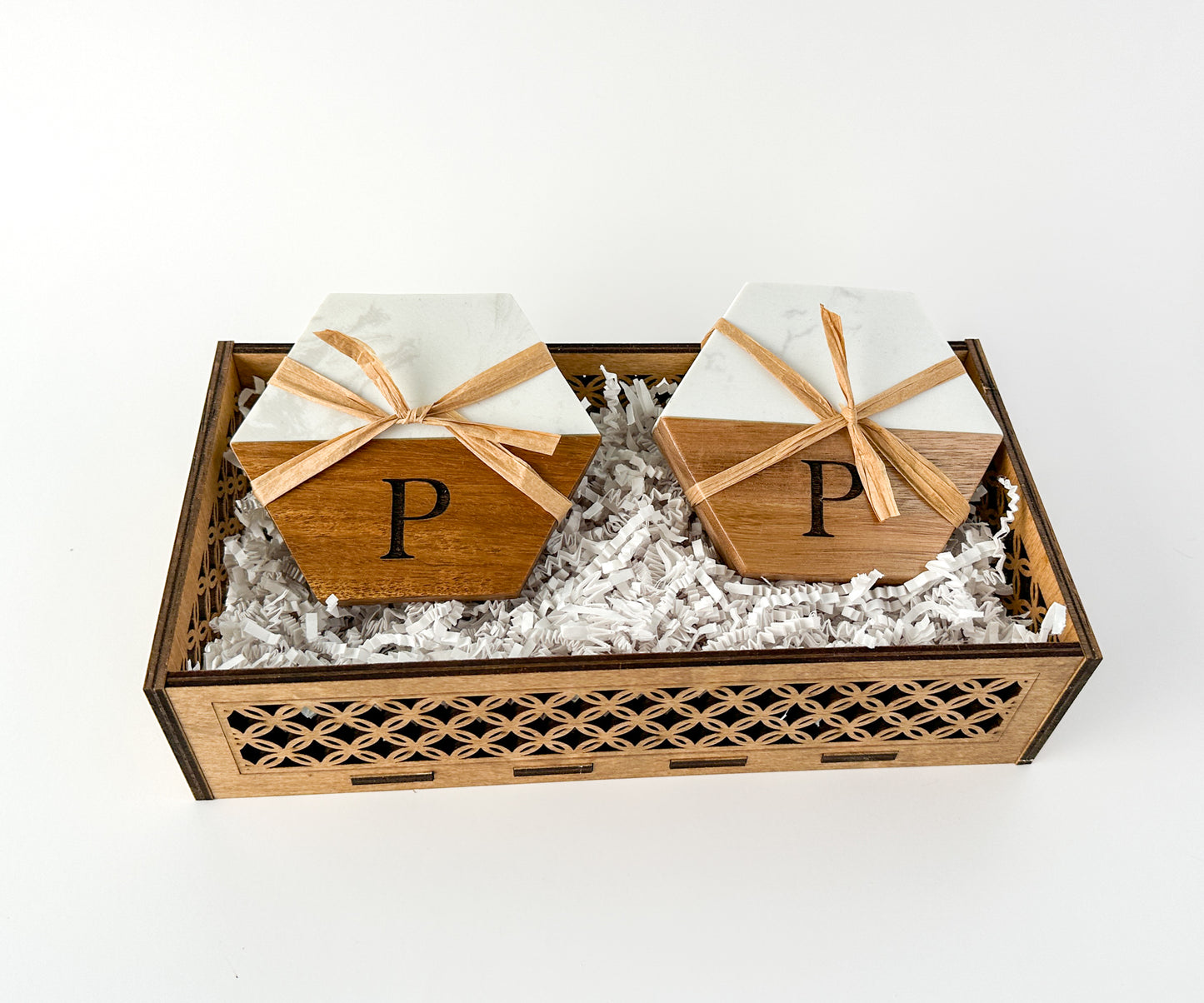 Personalized wood gift - Monogrammed coasters with a filigree basket.