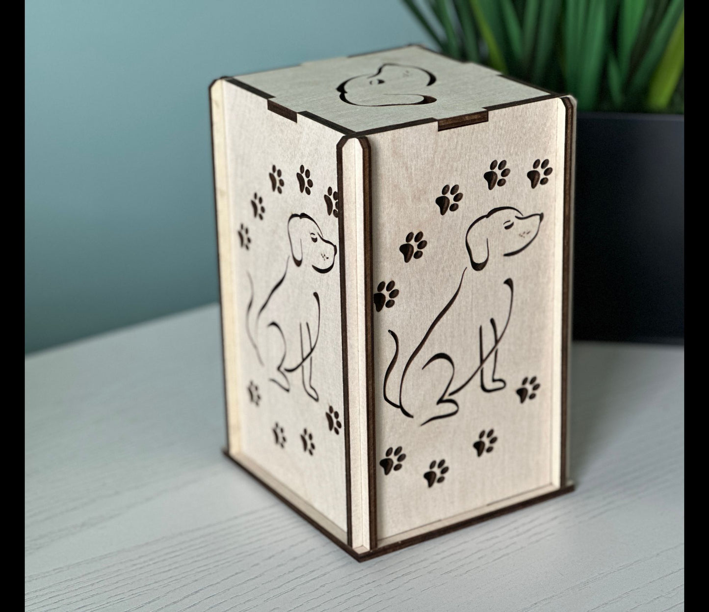 Dog design on a handmade wood lantern - perfect custom woodwork gift.