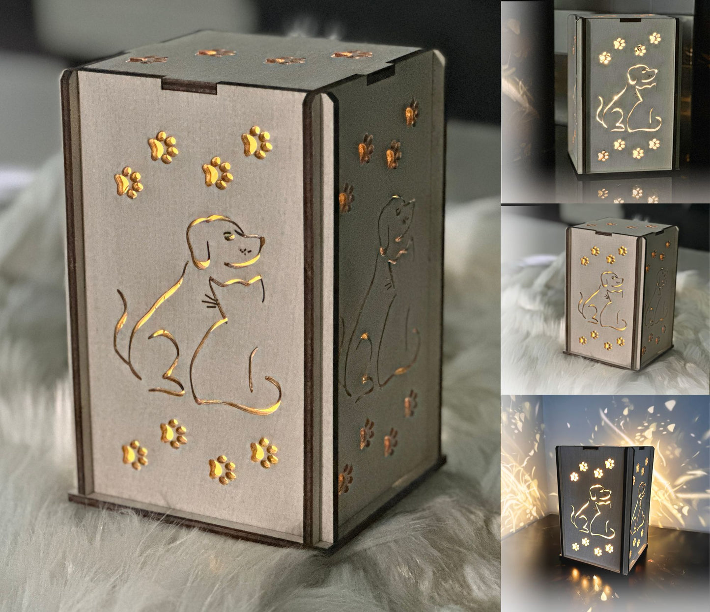 handmade woodworking gift for the animal lover in your life - handmade lantern with a dog, cat, and paw design.