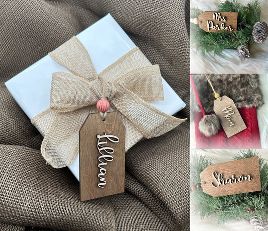 A personalized wooden name tag that can be used for various occasions such as birthday and Christmas.