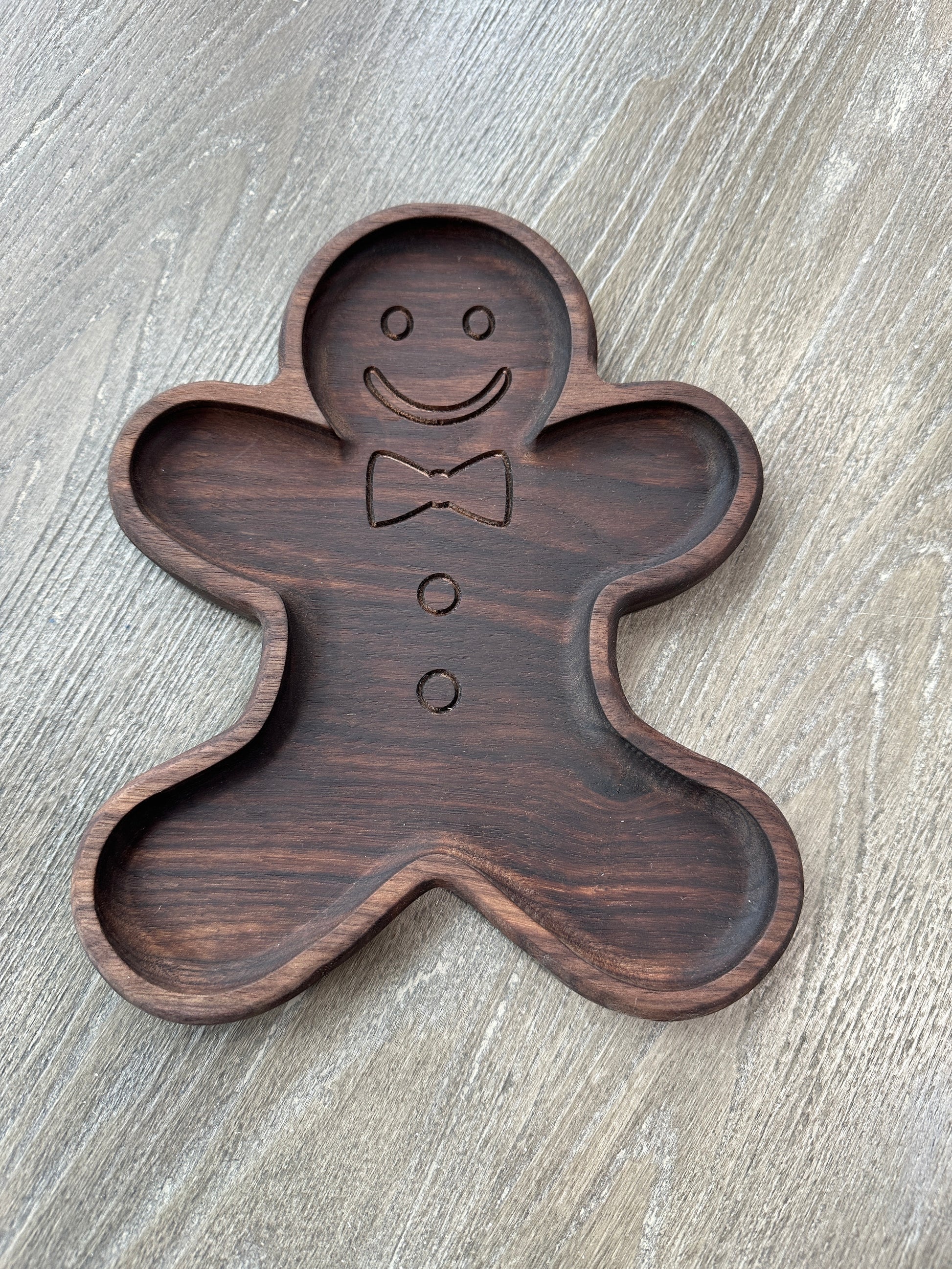 Walnut wood Christmas gingerbread man tray. Locally made in Georgia.