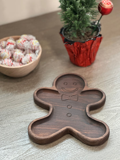 Handmade wooden Christmas tray in the shape of a gingerbread man - locally made in Georgia.