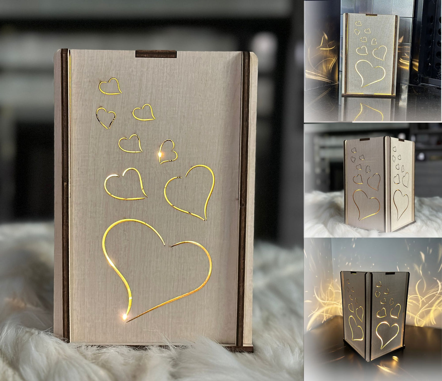 A light, Birchwood lantern made by hand. Features a lovely heart design.