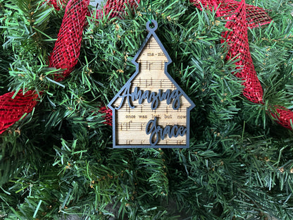 Amazing Grace handmade wooden Christmas ornament. Music lyrics and notes in a chapel shape.