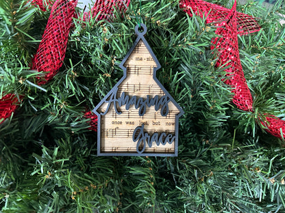 Handmade wood Christmas gifts. Wooden Ornament with Amazing Grace lyrics.