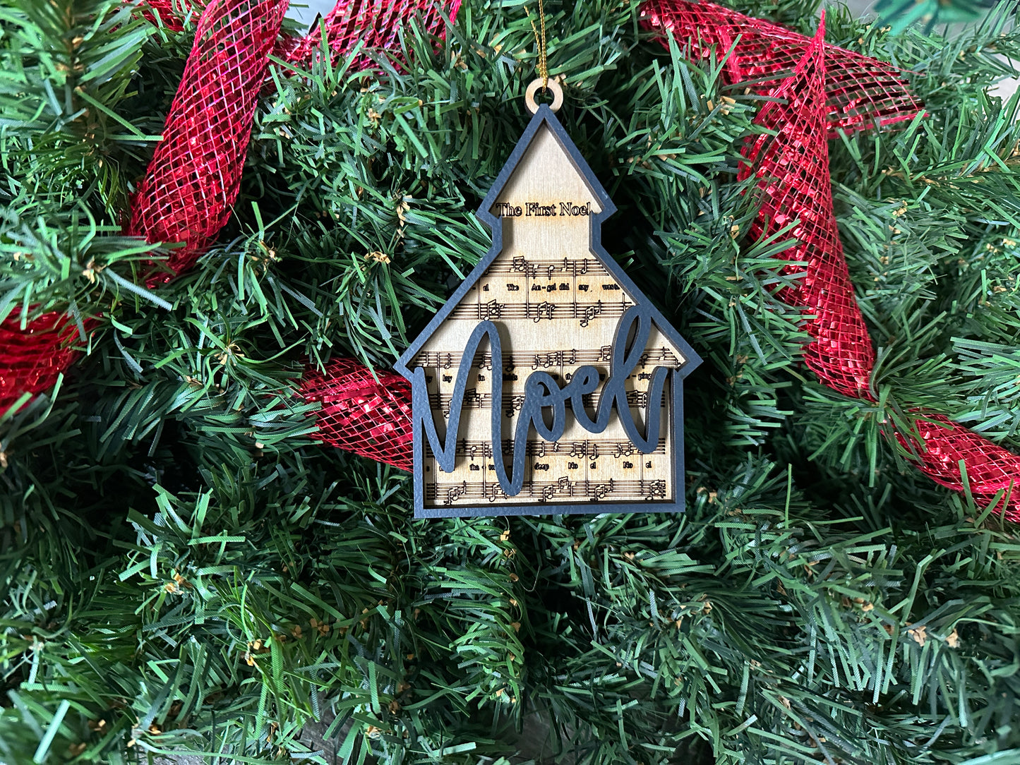 Custom Christmas gift ornament with favorite Christmas lyrics. Chapel shaped ornament with Noel lyrics.