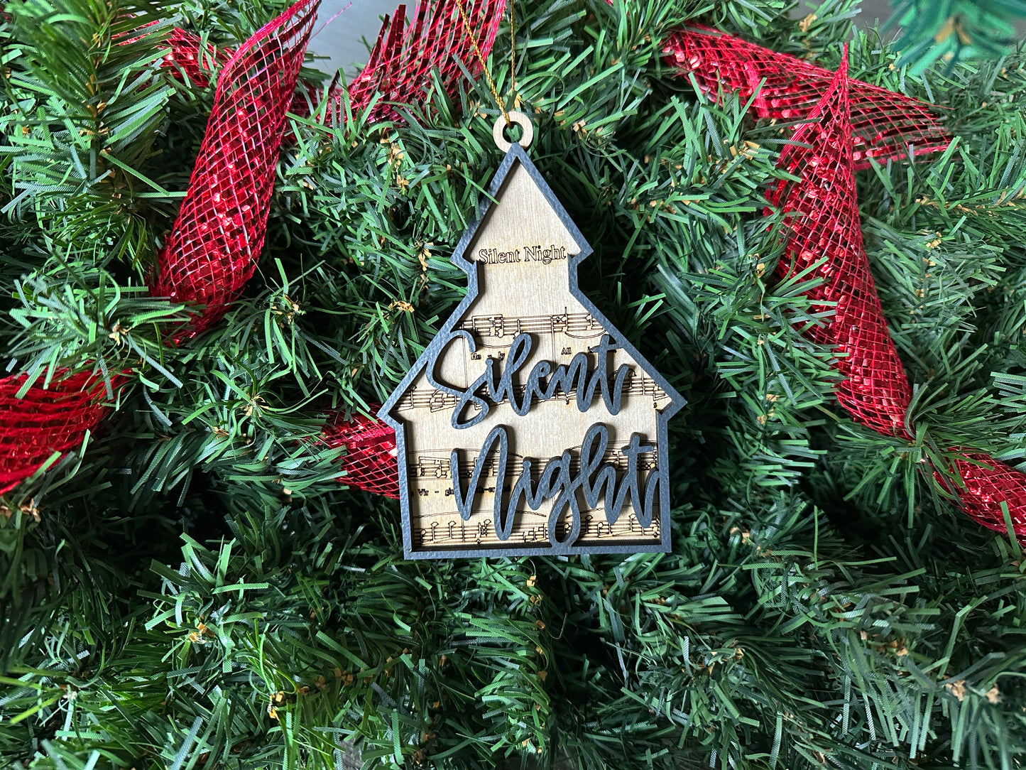 Silent Night wooden Christmas Ornament. Handmade woodwork gift from Georgia.