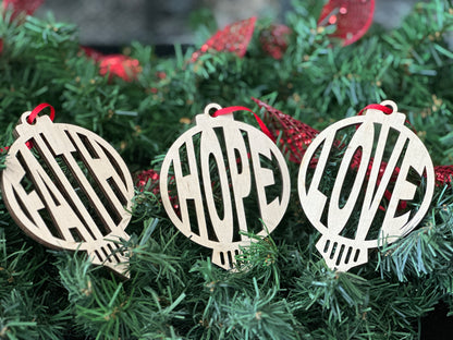 Handmade wood Christmas gift - Faith, Hope, and Love handmade wooden ornaments.