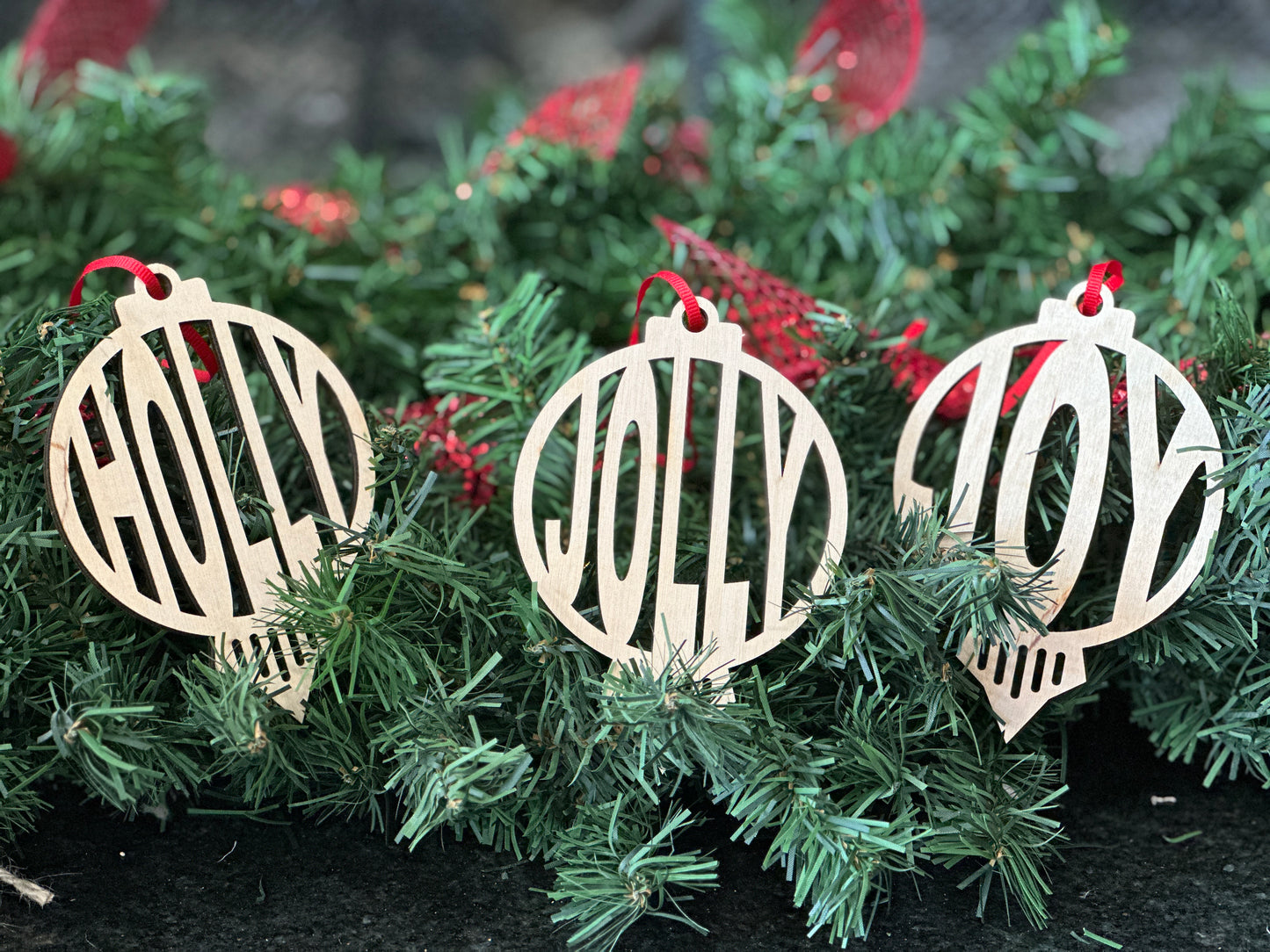 Holly - Jolly - Joy -- Handmade wood Christmas ornaments