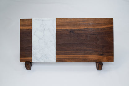 Dark walnut wood serving board accented with Italian marble - handmade locally in Georgia.