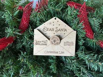 "Dear Santa" envelope shaped Christmas ornament - handmade wooden ornament hanging on the Christmas tree.