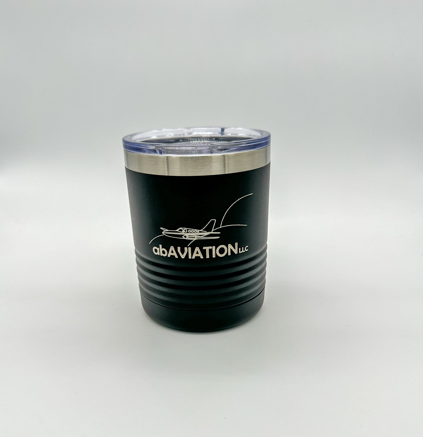 Custom promotional tumbler for business. Short, black tumbler with BPA free lid.