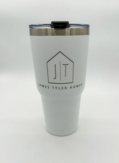 Custom engraved design for business on a 30oz tumbler.