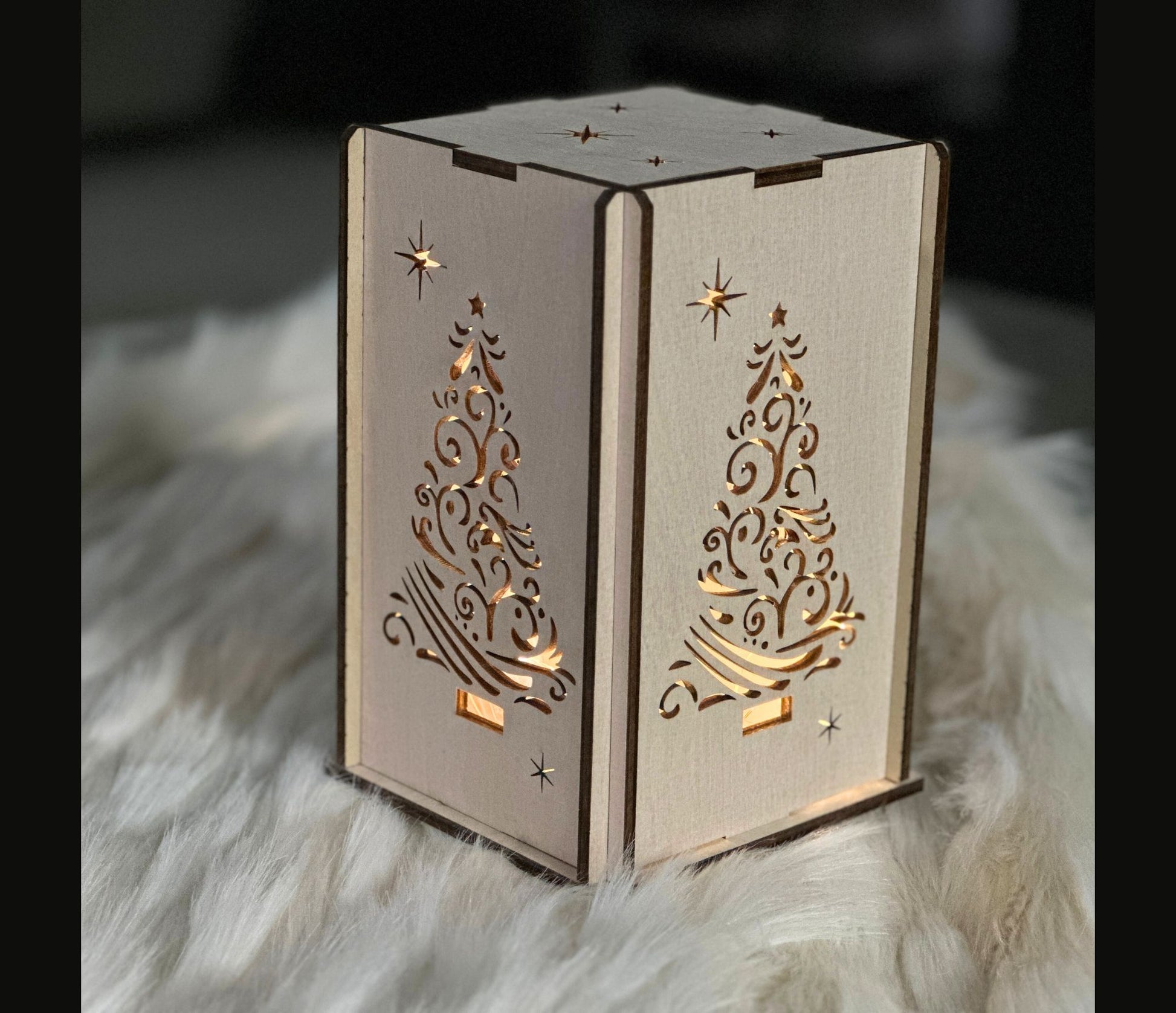 Handmade wood lantern with Christmas Tree design. Locally crafted in Georgia.