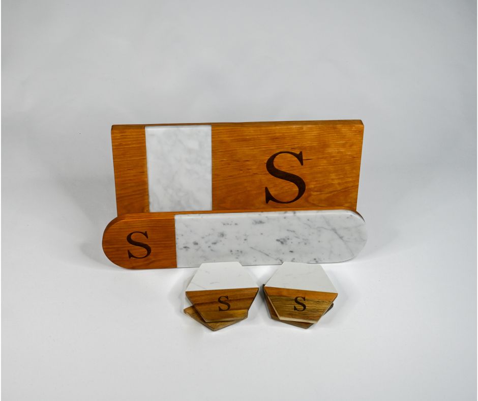 Personalized serving tray and coaster bundle set made of domestic hardwood and Italian marble.  Great closing gift.