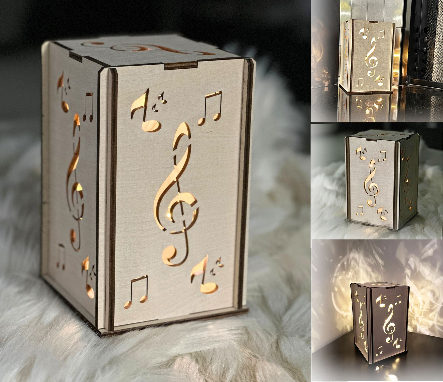 A handmade wooden gift for the music lover in your life - a wooden lantern with music notes.