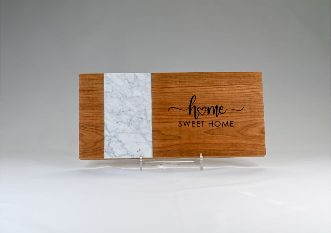 "Home sweet home" personalized serving tray made of domestic hard wood and Italian marble.