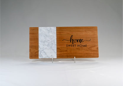 "Home sweet home" personalized serving tray made of domestic hard wood and Italian marble.