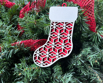 Handmade woodworking Christmas ornament in the shape of a stocking.