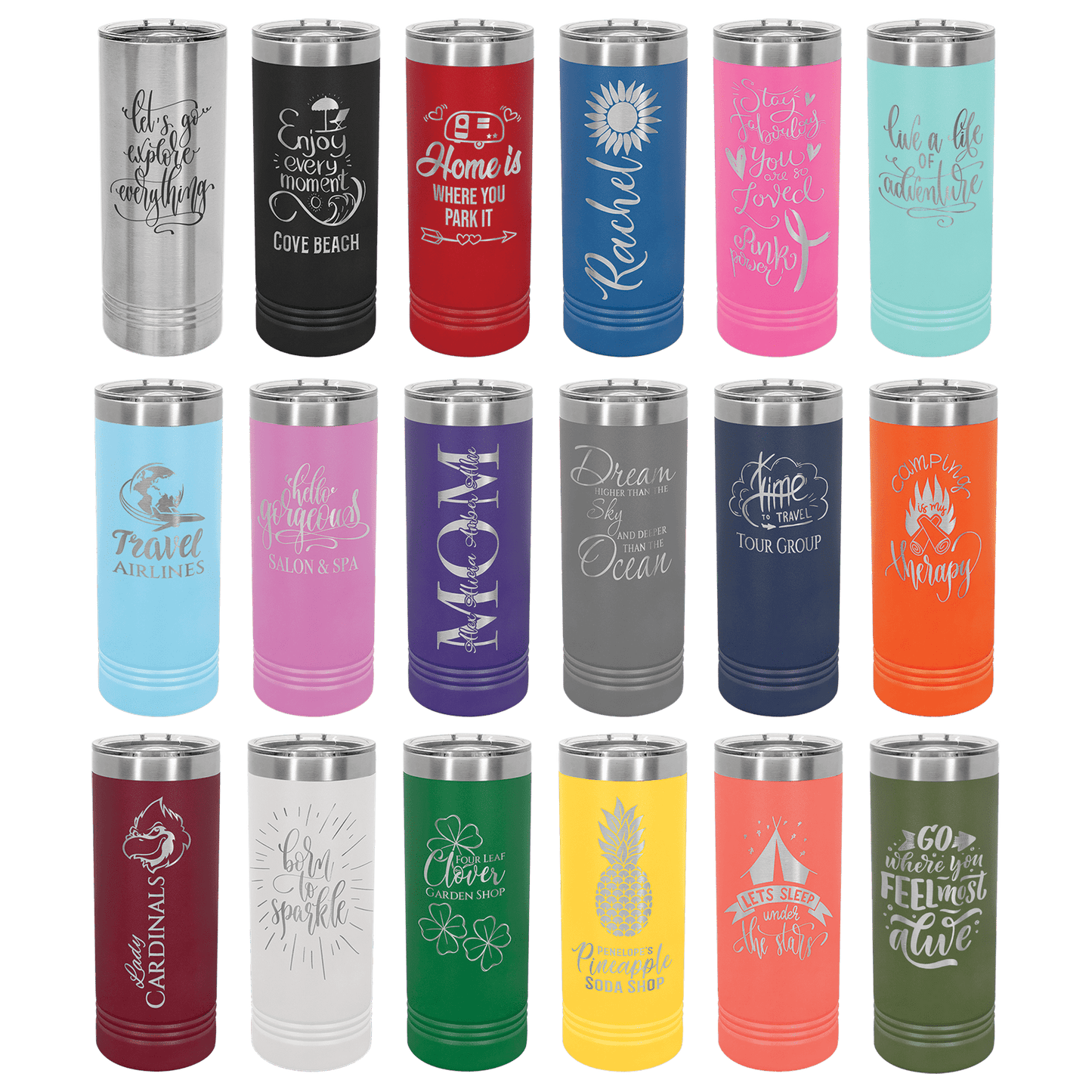 Various colored tumblers with many different graphics and sayings engraved on them.