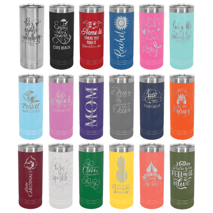 Various colored tumblers with many different graphics and sayings engraved on them.